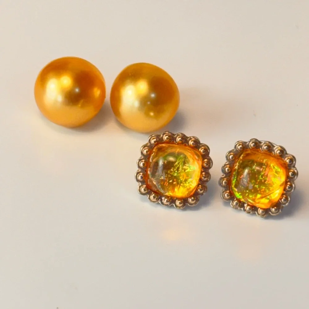 Vintage Stud Earring Set Gold Faux Pearl Orange Faux Opal Statement Boho